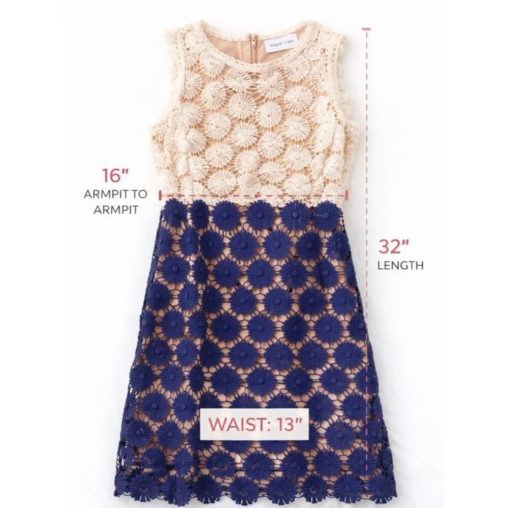 Coquette Girl Crochet Lace Dress Navy Cream Boutique Summer Brunch Date S Chic - Picture 7 of 8